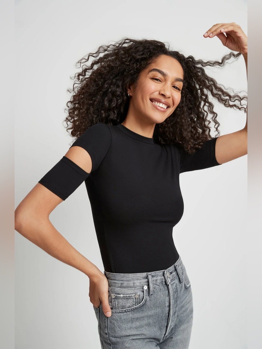 Cutout Shoulder Black Short Sleeve Tee